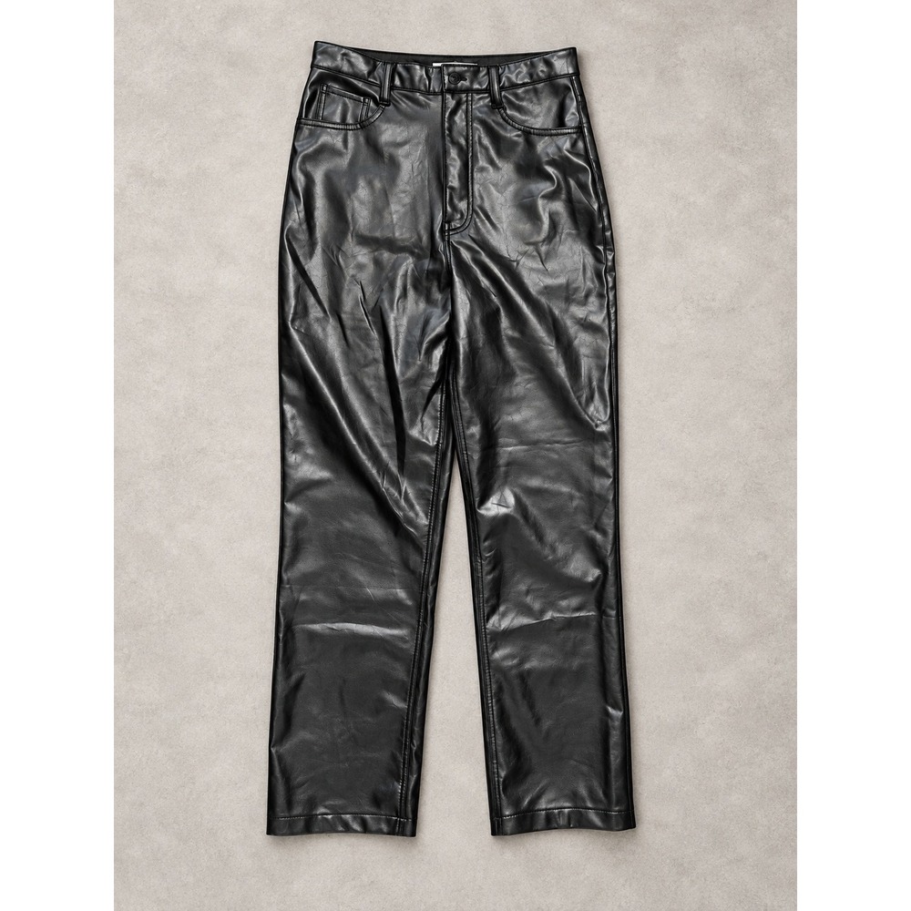 Black Faux Leather High Rise Straight Leg Pants Five Pocket Edgy Moto Size M
